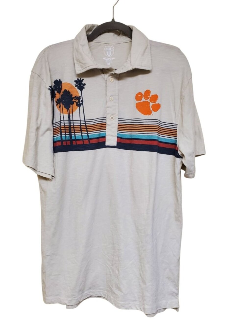 Wes and Willy x Clemson Tigers Football Beige Tropical Palm Tree Graphic Polo XL